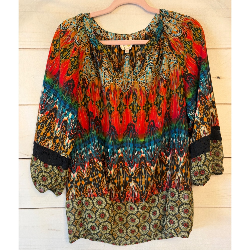 Fig and Flower Ikat Medallion Boho Blouse Lace Trim 3/4 Sleeve JOS763 Large